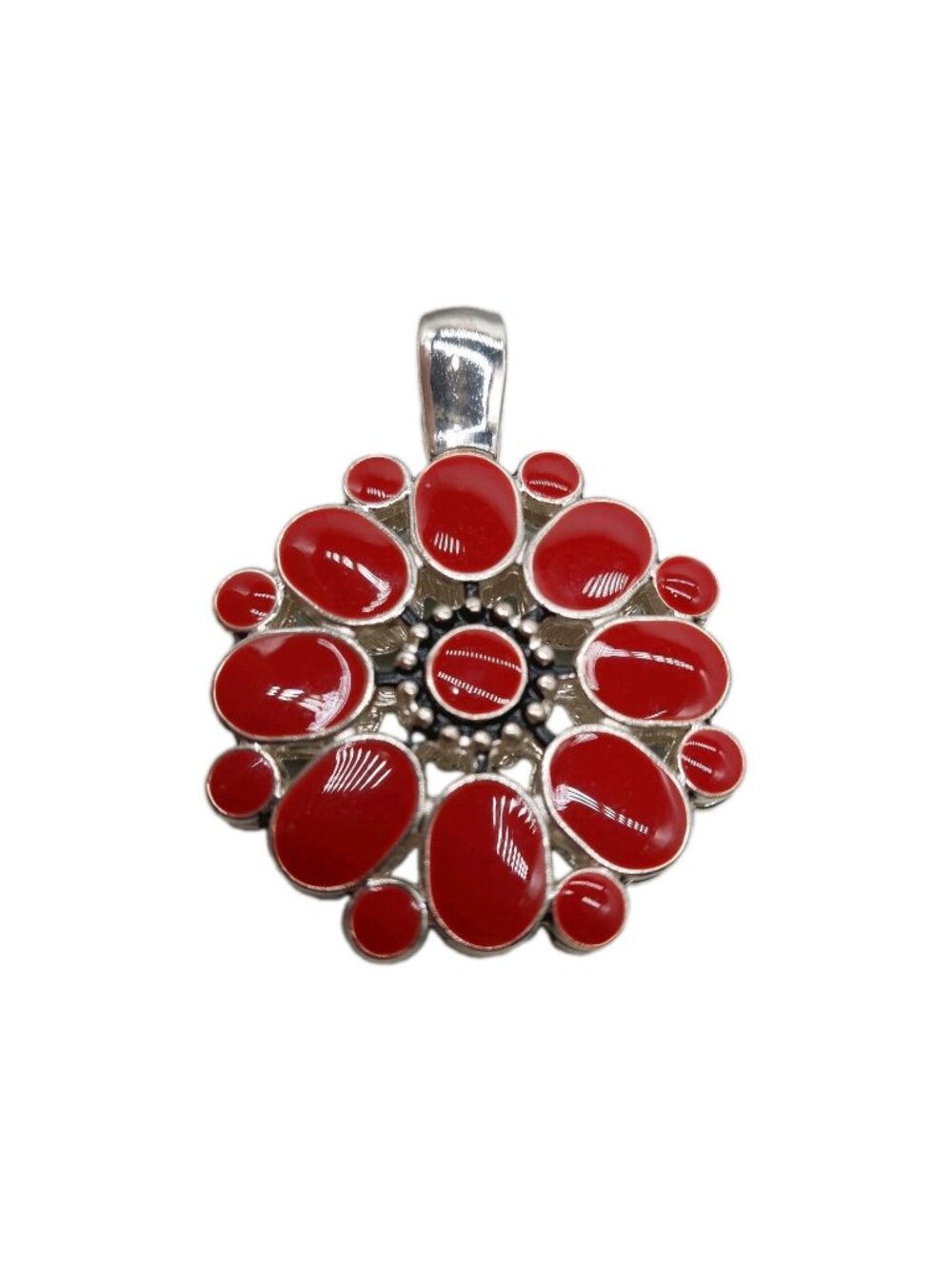 Premier Designs Reversible Enamel Red and Blue Pendant Silver Tone 2" Floral